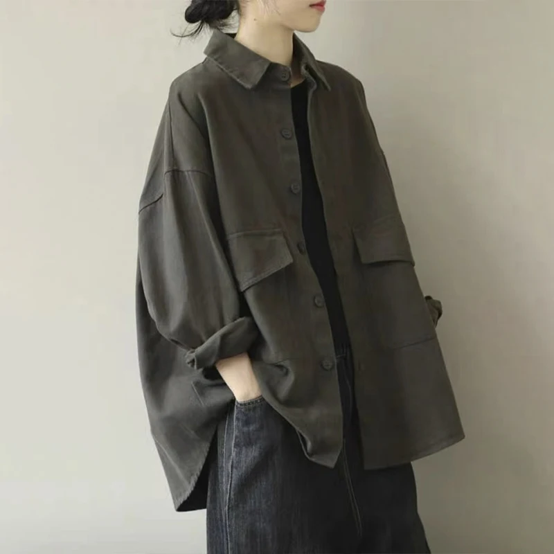 

Ретро-куртка в художественном стиле с воротником, однотонная, на одной пуговице, оверсайз, женская, с длинными рукавами, весенняя