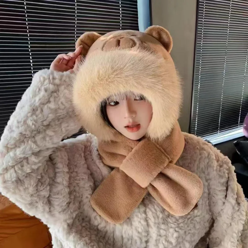 قبعة ووشاح جديدة لطيفة من القطيفة الكل في واحد لحماية الأذن في فصل الشتاء وركوب الدراجات في الهواء الطلق والقبعات الدافئة والأوشحة #3