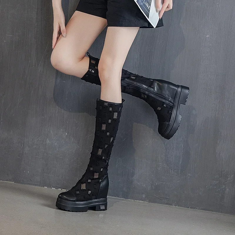 Cowboy Boots for Women Summer Denim Canvas Thick Soled Boots Breathable Hollow Mesh Inner Heightening Cool Boots Women  Botas