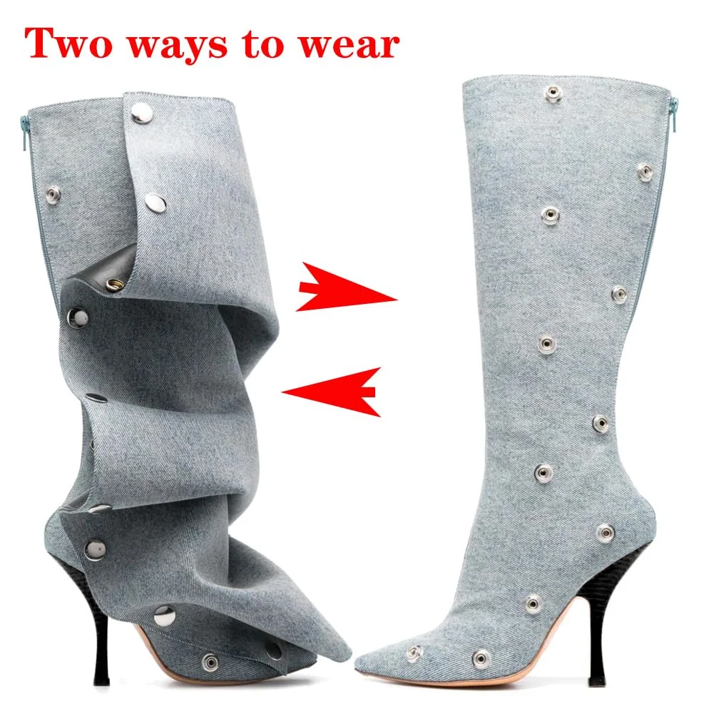 Brand Women\'s Knee High Boots Fashion Pointed Toe Thin High Heels Wide Calf Ruched Slouchy Boots Detachable Snap-off Panel Shoes