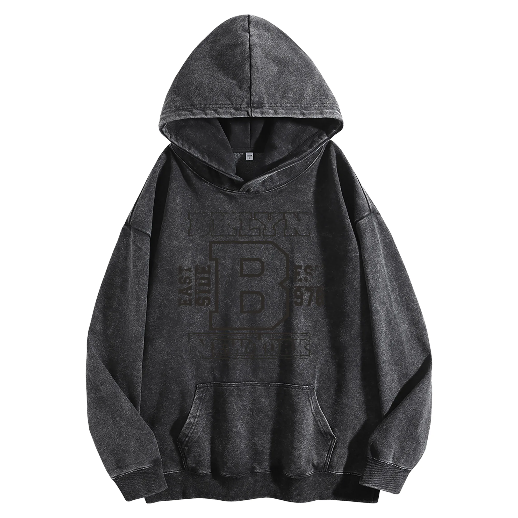 BKLYN طباعة جرافيك 400G هوديي عتيق مغسول للجنسين بلوفر كبير الحجم ملابس الشارع مجموعة الخريف/الشتاء #3