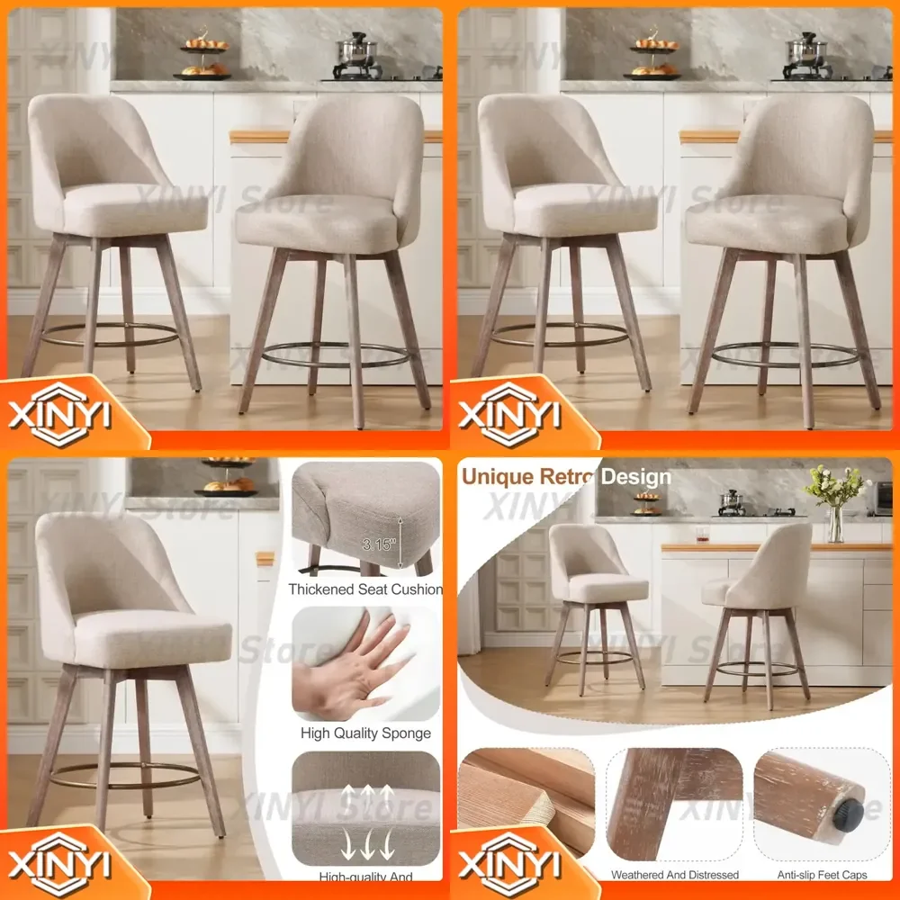 Counter Height Bar Stools Set of 2 for Modern Mid-Century Swivel Barstools with Backs Wood Legs Linen Fabric Upholstered