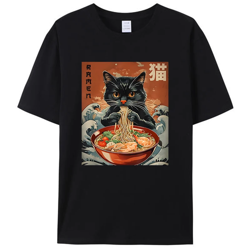 

Japanese Kawaii Cat Eating Ramen Noodles Anime Manga Meme Unisex T-Shirt Men's Graphic Cotton Short Sleeve Tee Shirts Tops