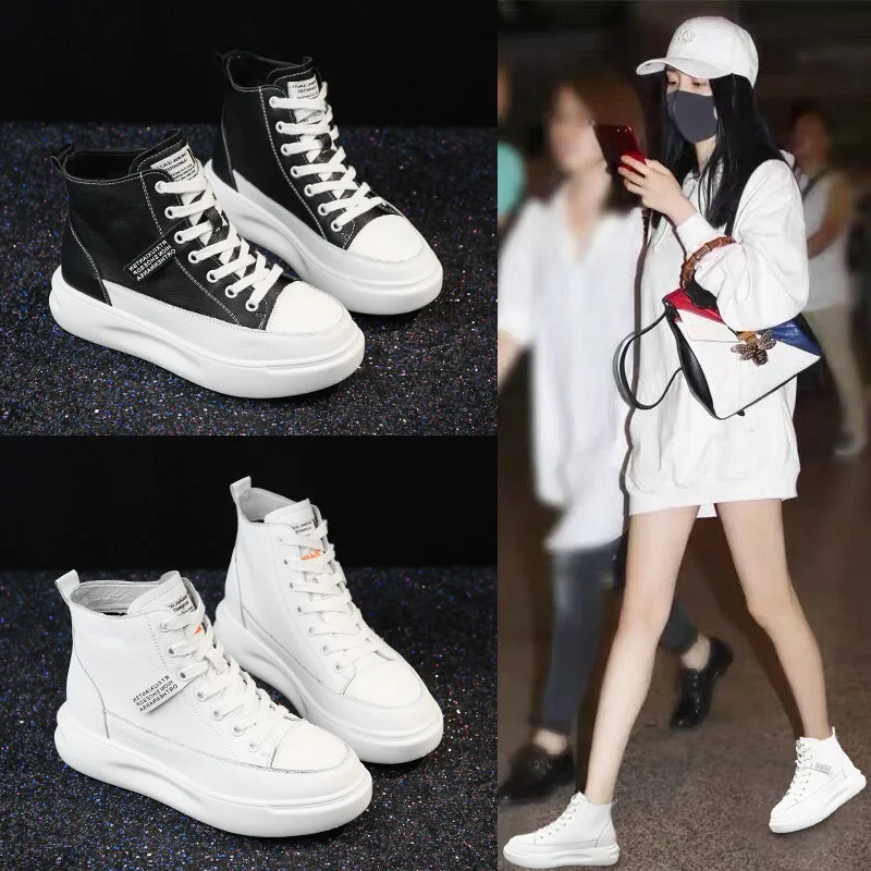 

Women's High Top Platform Sneakers Black White Casual Lace-Up Shoes 2026 New Thick Sole Comfortable Flat Heel 3.5Cm Ankle Boots