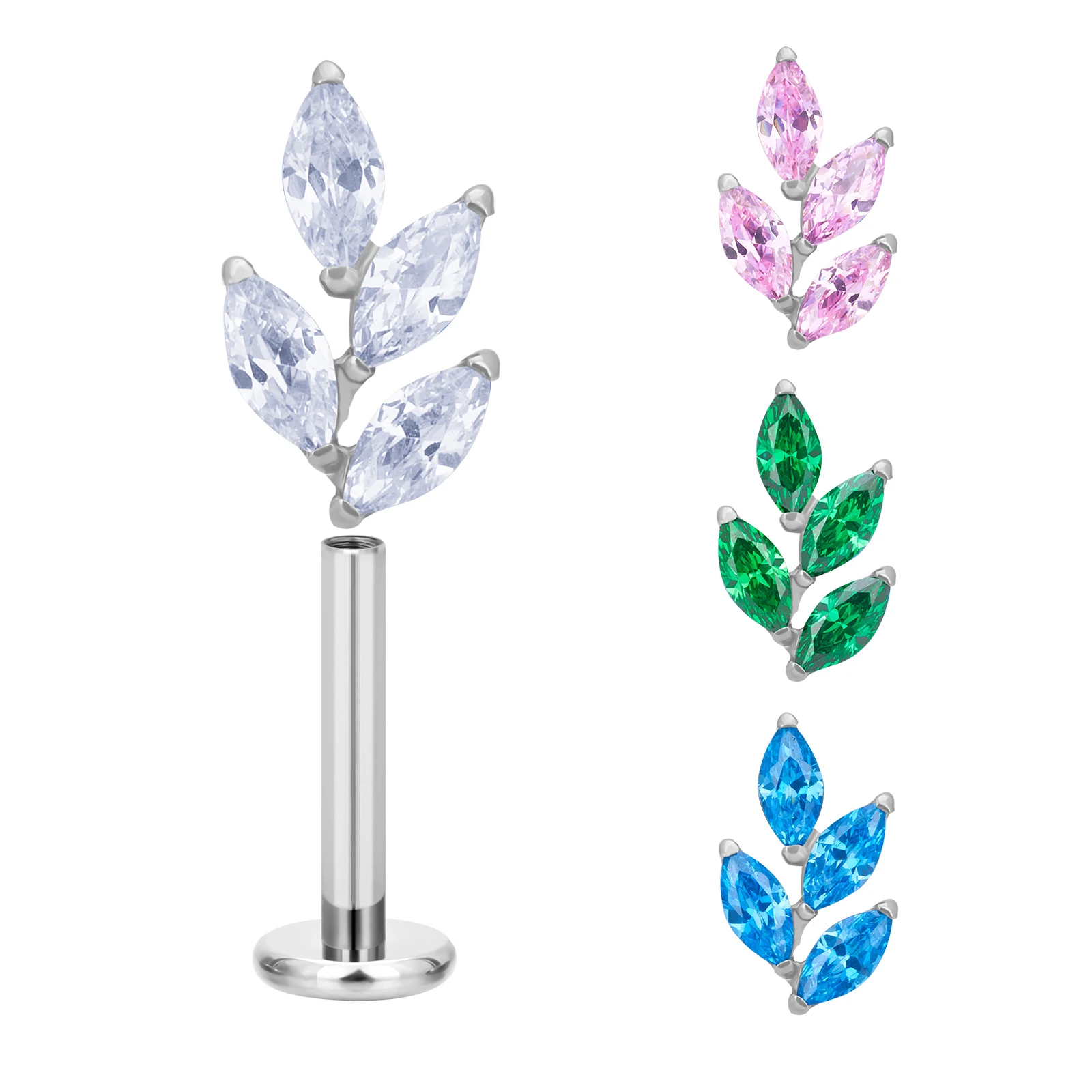 G23 Titanium Leaf Pattern Nose Studs Color Marquise CZ Paved Labret Lip Stud Ear Tragus Cartilage Conch Daith Piercing Jewelry