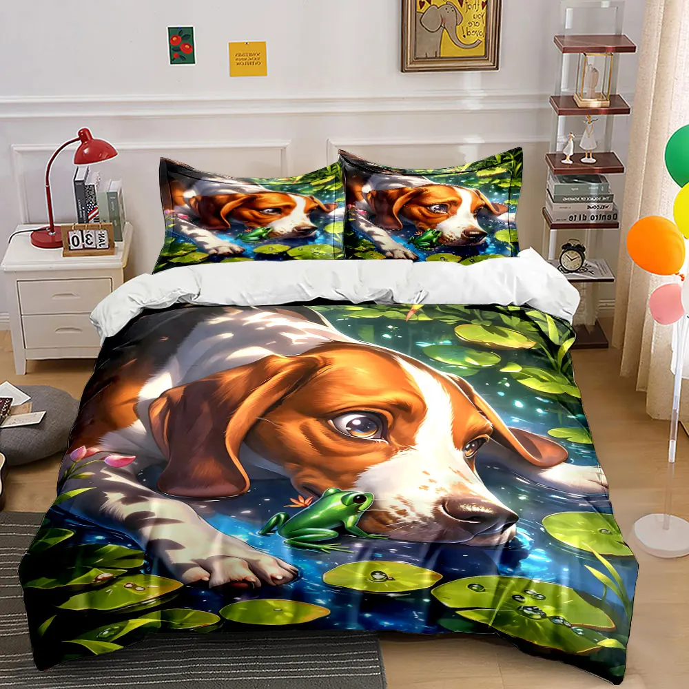 Cute Beagle Dog and Frog in Pond Art Set of 3, kid's and adults' bedroom decor, Exquisite three-piece bedding set gift