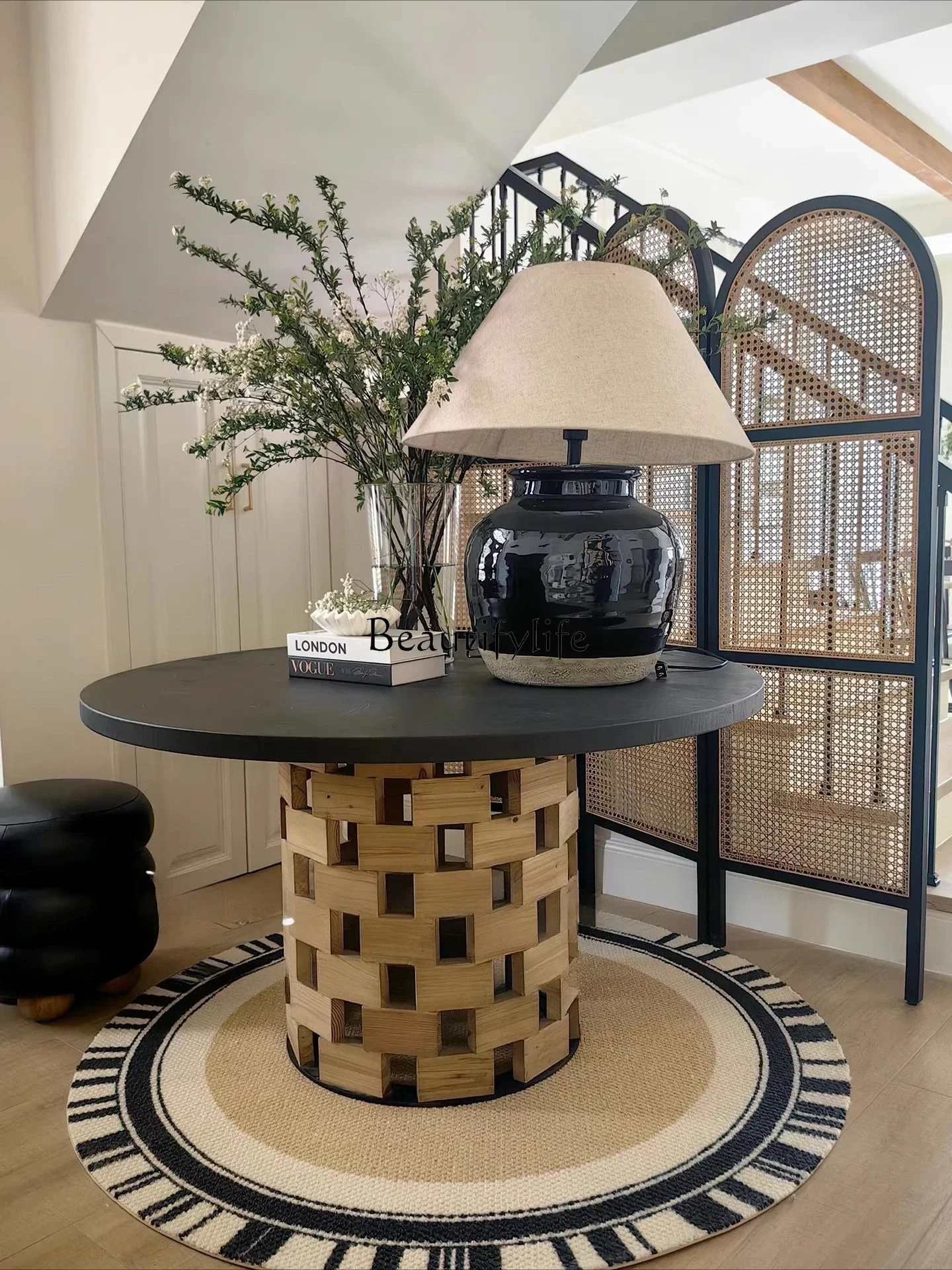 

Medieval designer round solid wood dining table, high-end sense wabi-sabi wind retro home art creative dining table