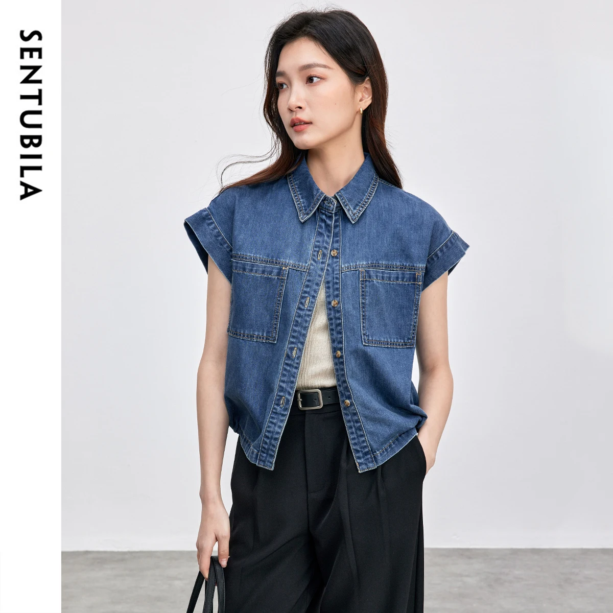

SENTUBILA Non Fading Denim Shirt For Women's 2025 Summer Commuting Turn Down Collar Button Flying Sleeve blue blouse W52C59415