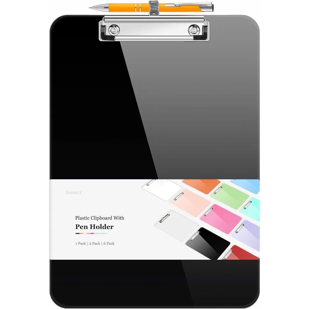 Low Profile Clip Hanging Clipboard with Pen Holder Standard Letter Size A4 8.5x11 Extra Thick Durable Plastic Board for Office School Teacher Students Supplies Organizer Document Writing Notepad Holder Black Cute Design