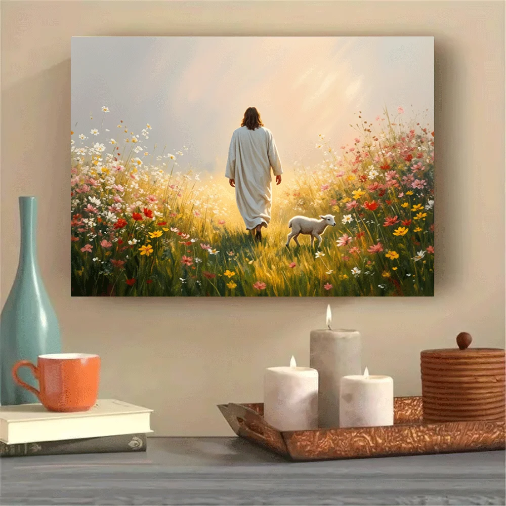 1PC-Unframed Canvas poster wall decoration  Jesus Walking With Lamb In Flower Field Sunset Peaceful Nature Scene