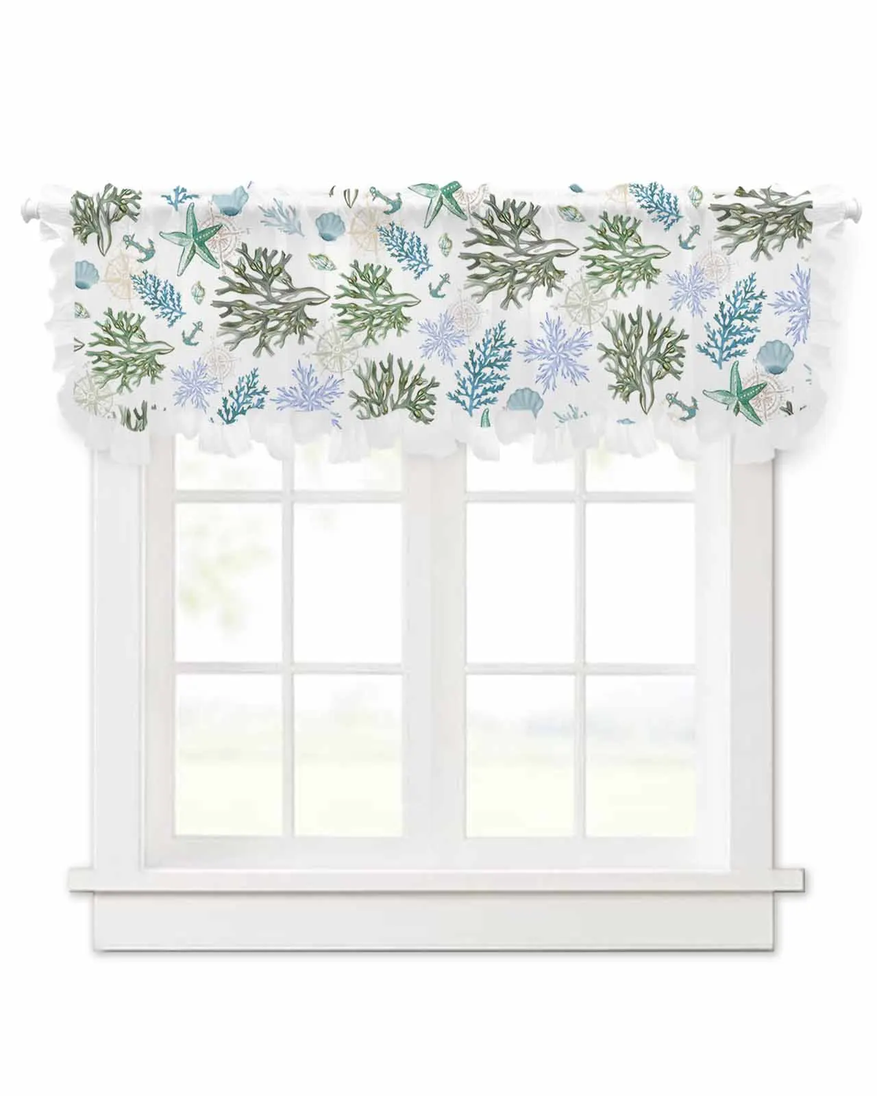 Coral Starfish Shell Short Tulle Half Curtains for Living Room Kitchen Door Cafe Window Sheer Valance Drapes