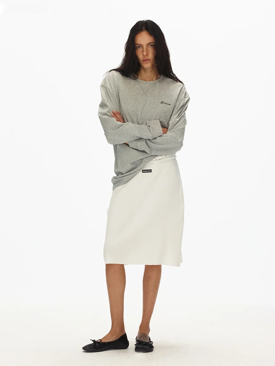  Ade Classic Oversized round Neck Long Sleeve Embroidered T-Shirt Loose Fit Cotton Shoulder Drop Design Shape Outwear