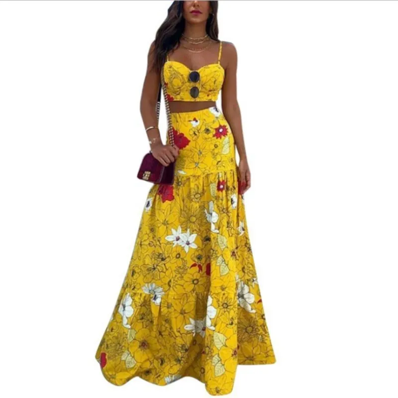 2 Pcs/Set Beach Crop Top Skirt Set Colorful Print Rich Colors Spaghetti Strap Floor Length Sleeveless Lady Tank Top Skirt Suit