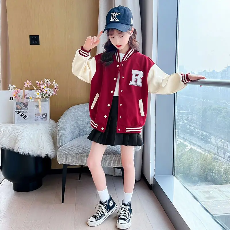 

2025 Autumn Winter Girls' Baseball Jacket Stylish Korean Fleece-Lined Coat for Kids 8-12 Years Heavyweight Outdoor Jacket