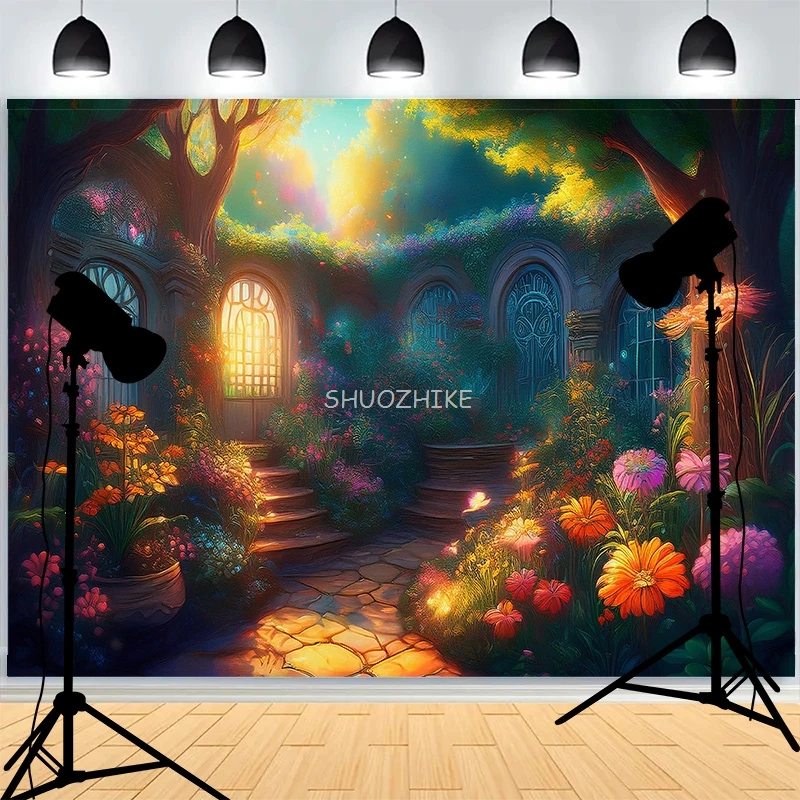 Сказочный Дом Сказочный фон для фотосъемки с окном с бутоном цветами снегопадом зимняя дорожка фотостудия фон