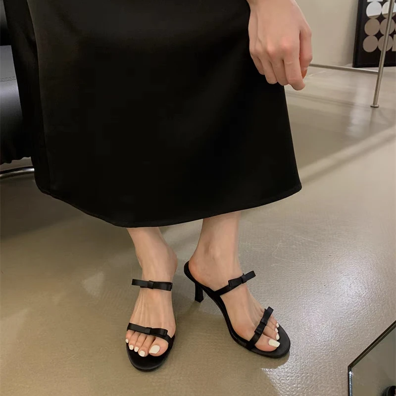 BCEBYL 2023 New Arrival Summer Fashion Sexy Black Sandals Banquet Bow Women\'s Shoes Simple Color Matching Stiletto Slippers