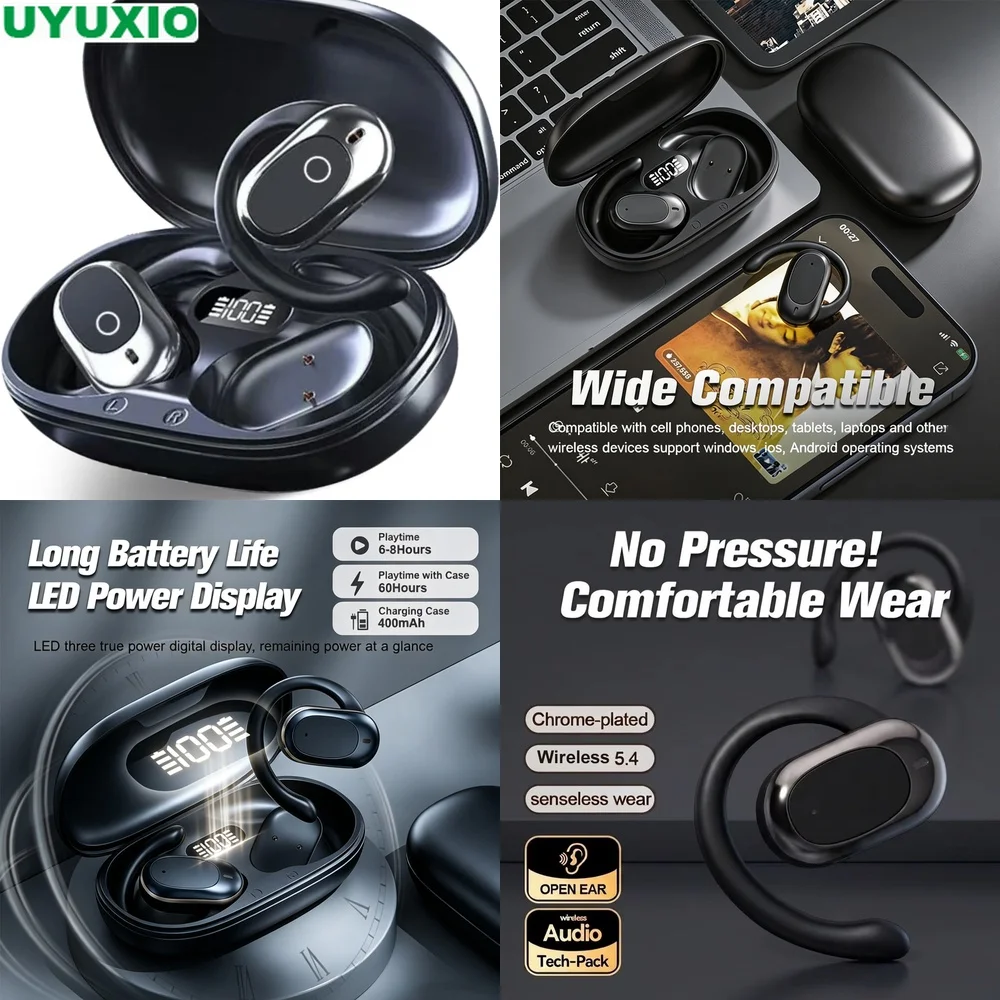 Wireless Headphones and Open Ear Headset plus BT 5.4 90° Rotatable Hook 16mm Bass IPX5 ENC Mic LED Display for Office.