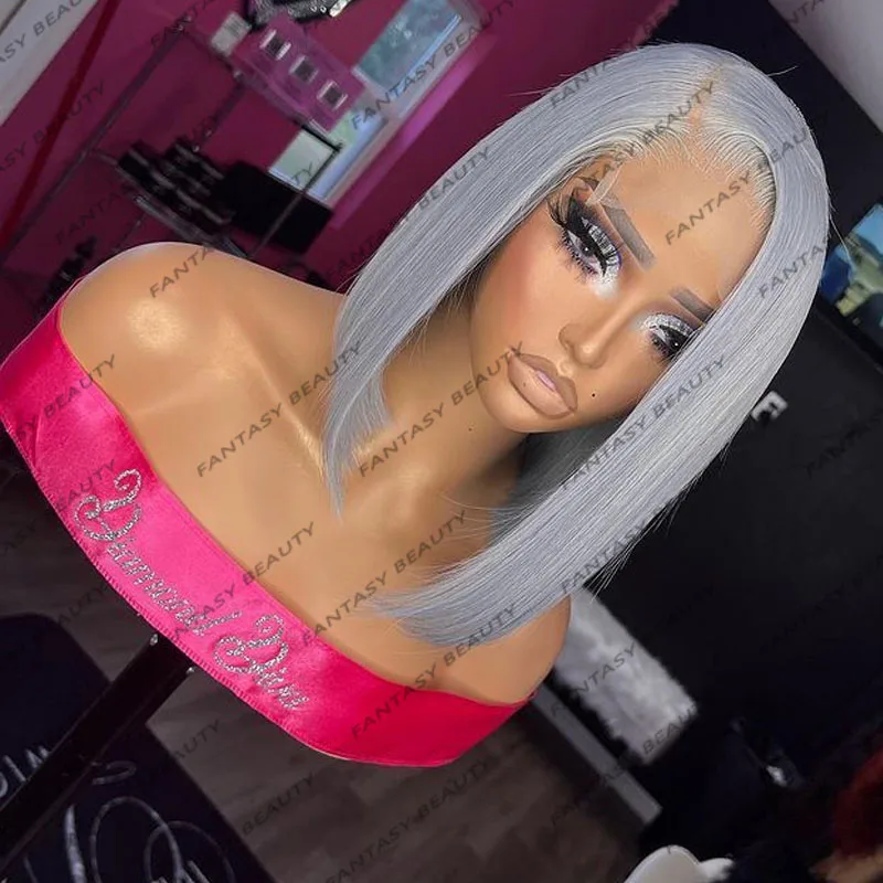 Glueless Short Bob Pink/Grey/613BlondeDark Brown Synthetic Hair for Black Women Transparent 13x4 Lace Front Wigs Easy Daily Wear