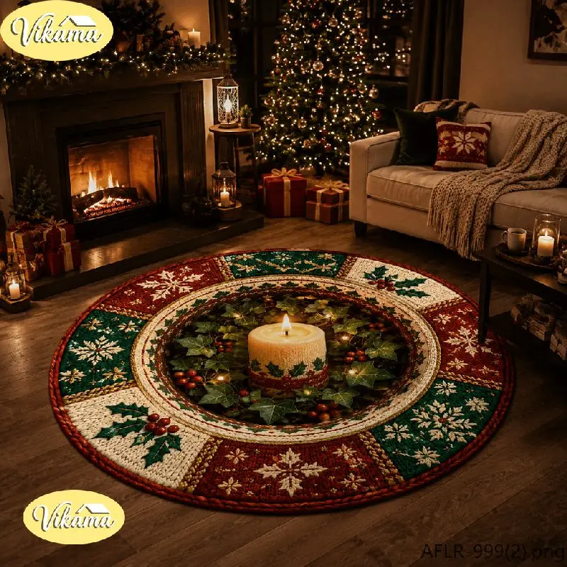 VIKAMA Christmas Round Rug Candle Holly Berry Pinecone Plaid Area Rug Living Room Holiday Home Decor Aesthetic Art Large Premium