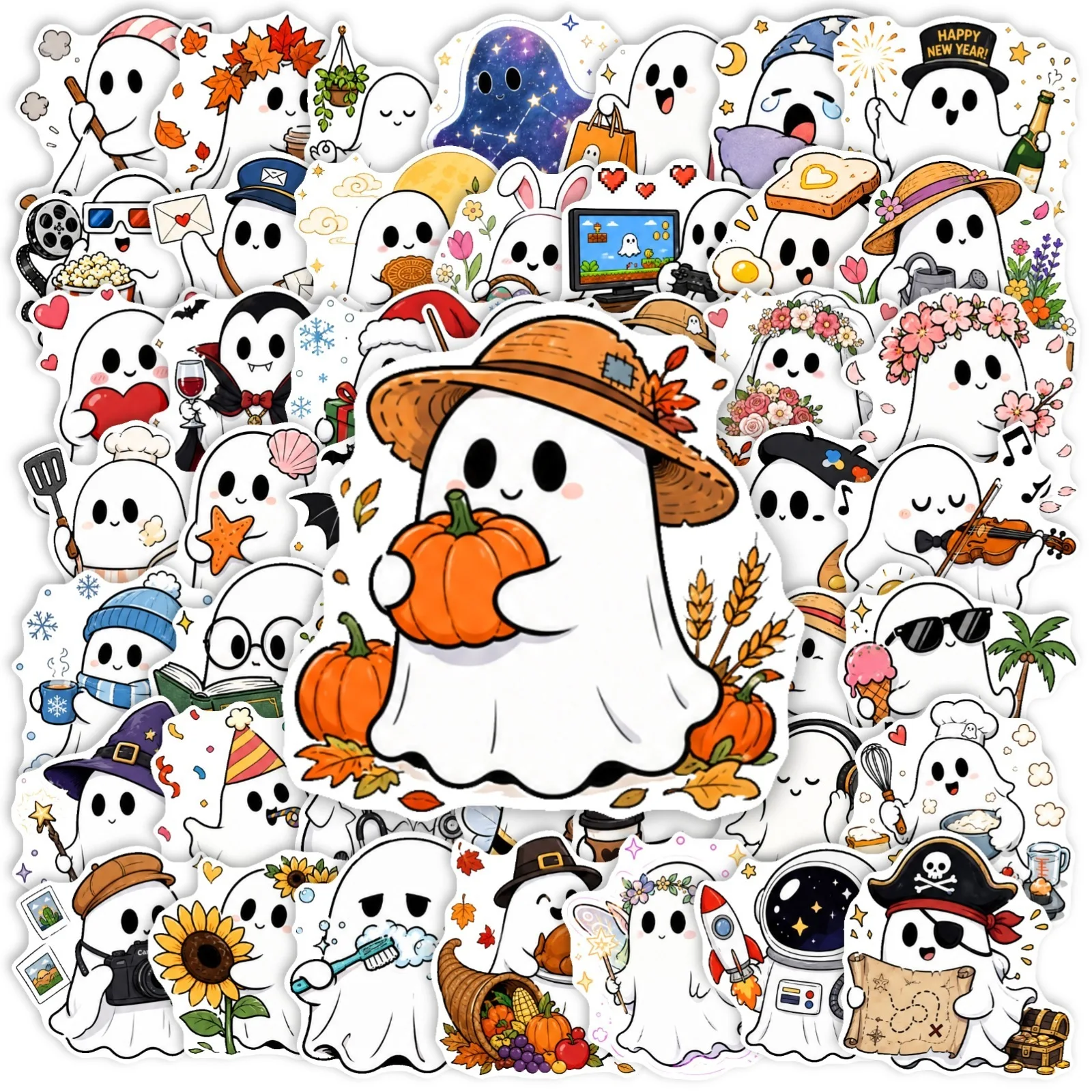 50 Pack Cute Ghost Stickers, Waterproof Vinyl Cartoon Decals for Laptop, Water Bottle, Luggage & Phone Case