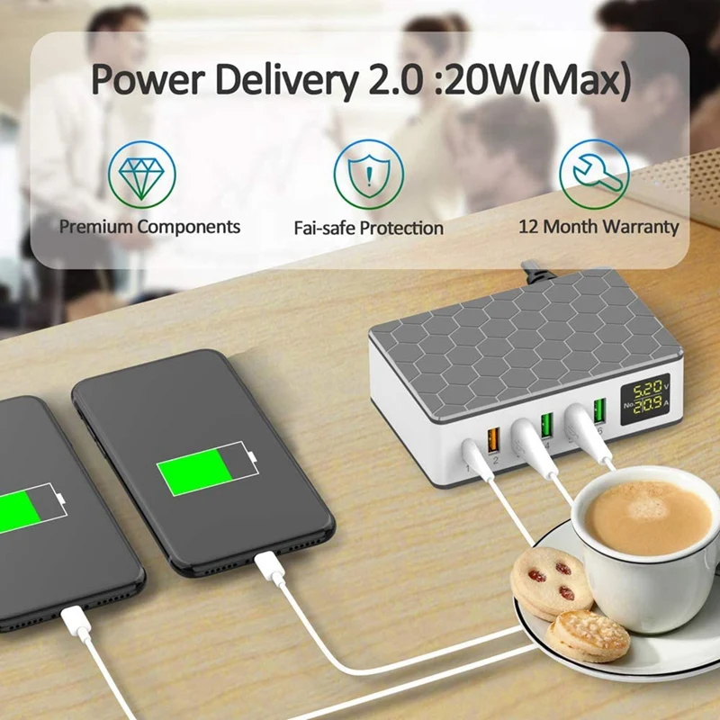 Multiple Port USB Charging Station Charger With 20W PD 2.0 Type-C USB Charger+QC3.0 Fast Charger,6-Port Charger,EU Plug image 3