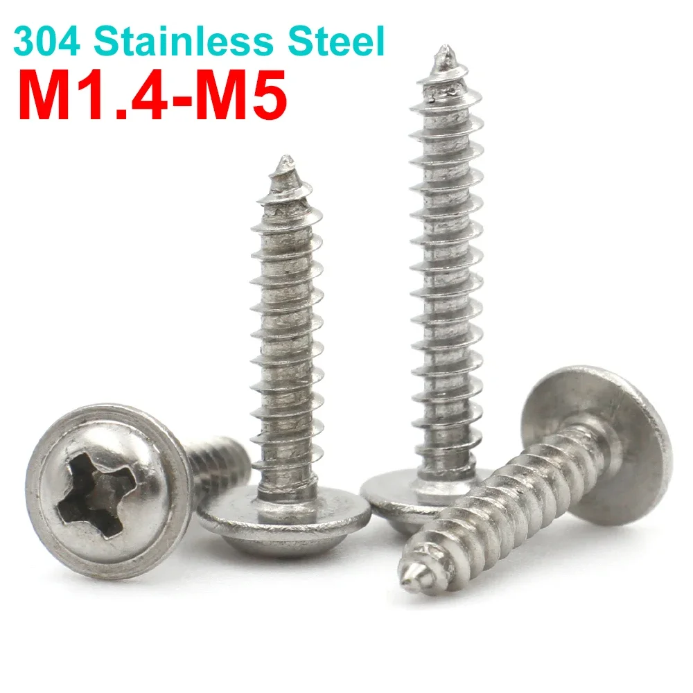 20/50/100/200pcs M1.4 M1.7 M2.6 M3 M3.5 M4 M5 304 Stainless Steel Cross Phillips Pan Round Head with Washer Self-Tapping Screw