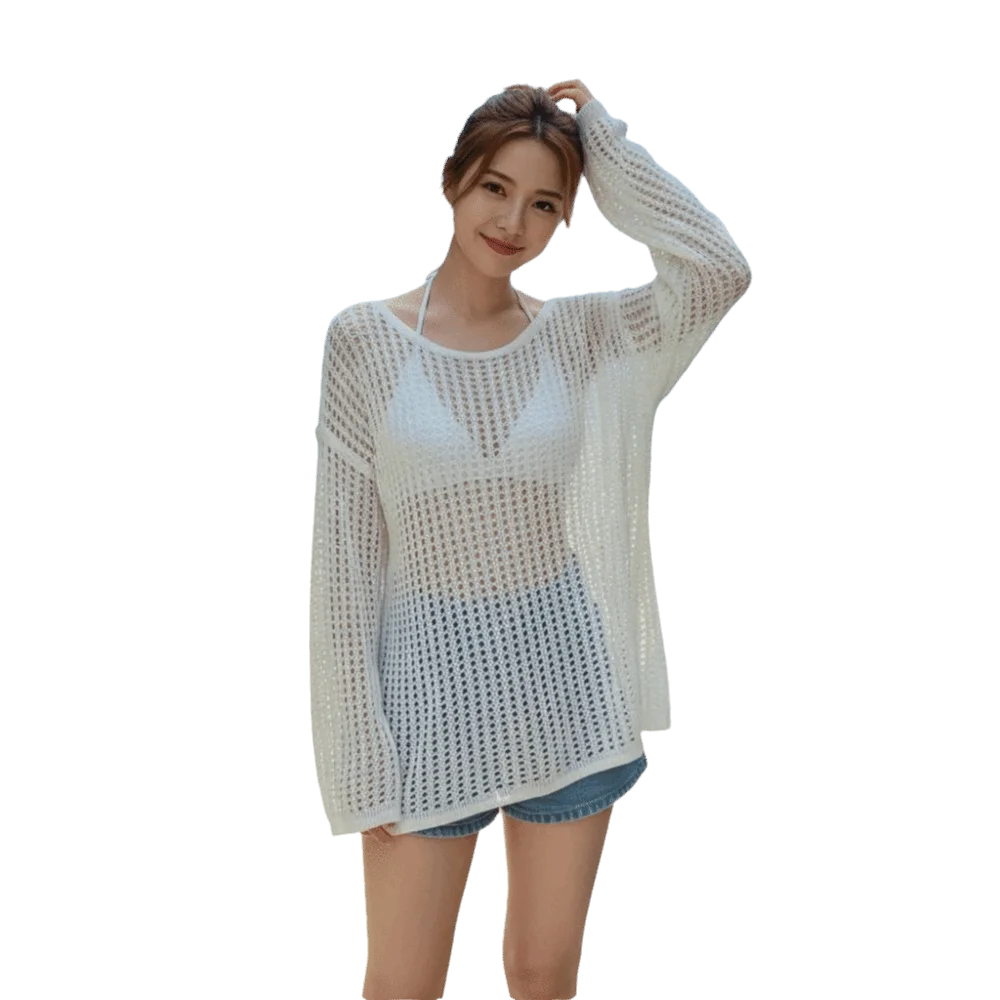 

New Hollow Out Long Sleeved Top Knitted Solid Color Round Neck Pullover Loose Versatile Sun Protection Blouse Women