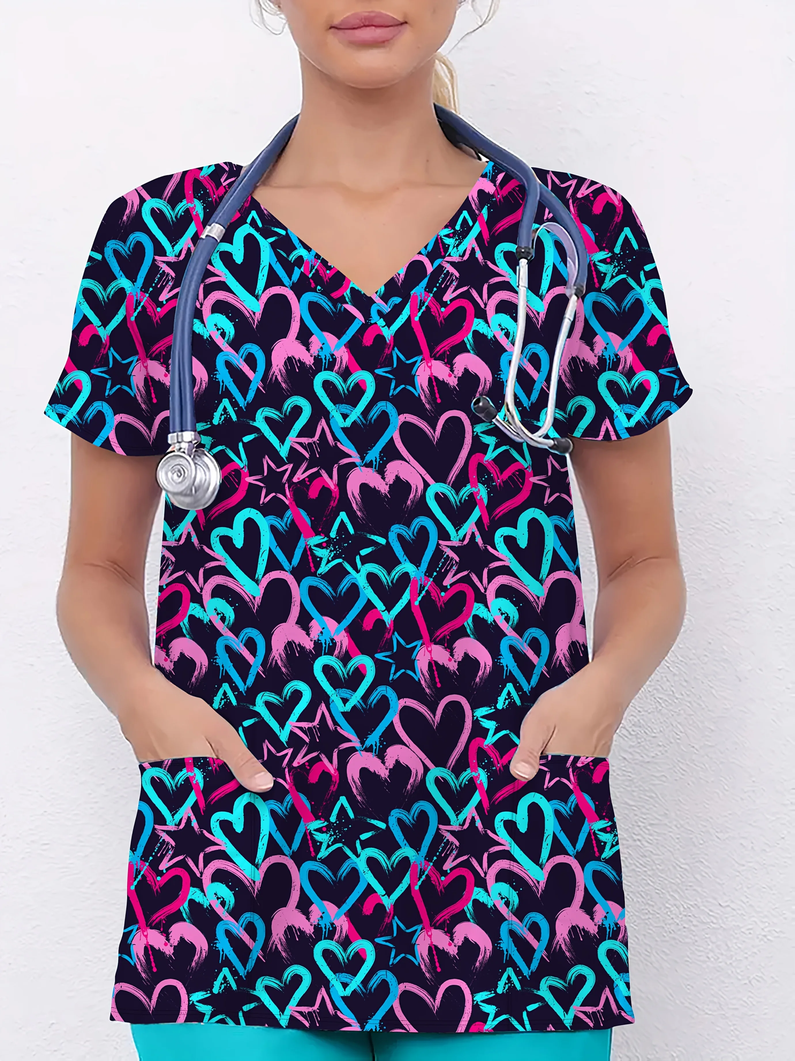 Women's Heart Shape Printed Surgical Gown Tops Short Sleeve V Neck Nurse Uniform Shirt with Pocket T-Shirt Nursing Work Tops