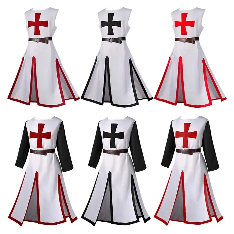 Men's Medieval Robes Templar Knight Cosplay Crusader Surcoat Long Short Sleeve Top Reenactment Costume