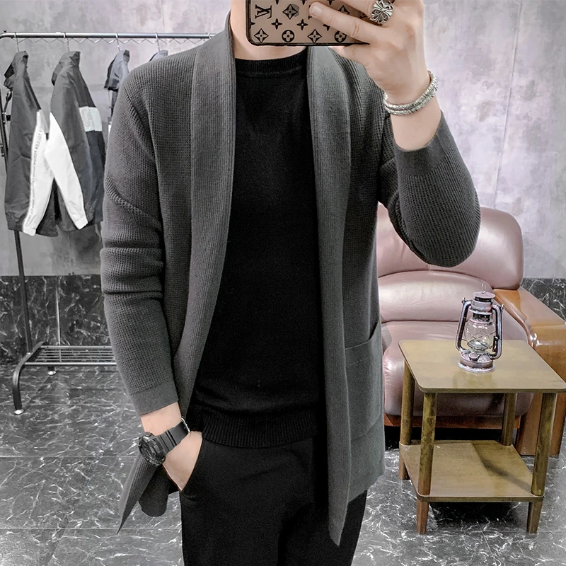 GIOIO men's knitted jacket, elongated cardigan design, solid color suit collar, fashionable casual top jacket