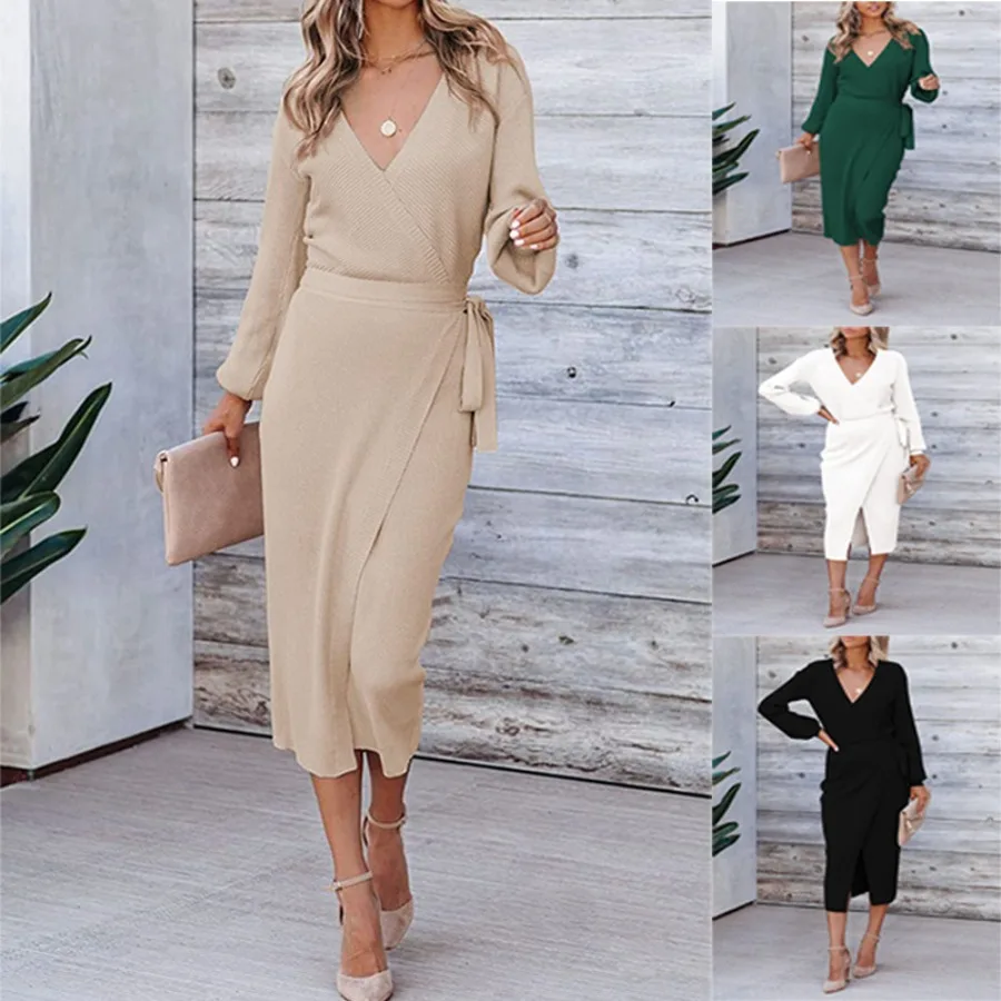 

【New style】2026 autumn and winter new women's long skirt elegant temperament V-neck knitted dress