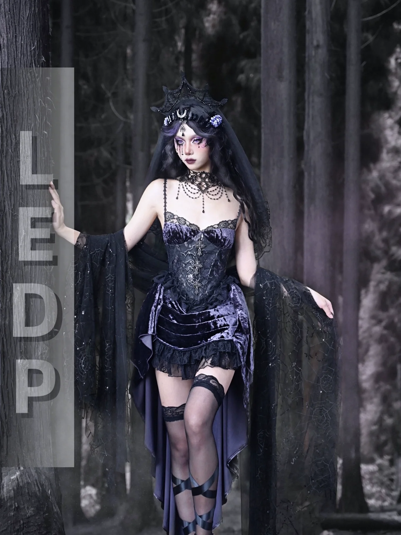 IMU Sales! Blood Supply New Women Velvet Purple Slip Dress Jacquard Lace Trail Heavy Asymmetric Gothic Suspended Dresses Vestido