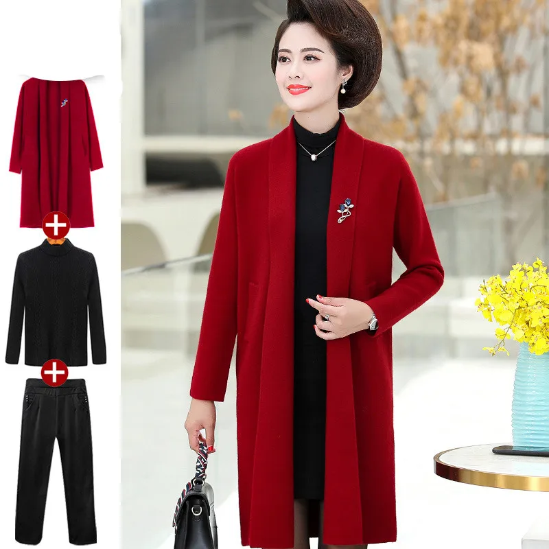 

Red Spring Autumn High End Outer Set for Elderly Women Wedding Banquet Ceremony Long Sleeve Cardigan Coat with Pockets