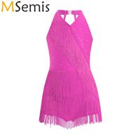 Kids Girls Glittery Rhinestones Fringe Ballet Leotards Gymnastics Latin Tango Dance Costume Halter Strappy Back Tassel Jumpsuit