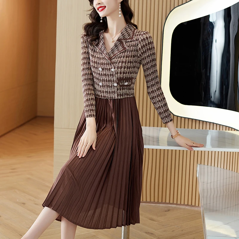 2024 Autumn New Miyake French Medium length Dress Women's Suit Collar Checkered Fake Two Piece Knee length Long Dress