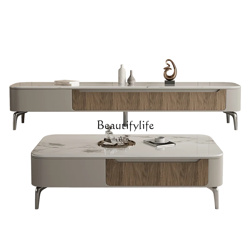 

Italian light luxury coffee table TV cabinet combination small apartment microcrystalline stone square wood grain coffee table