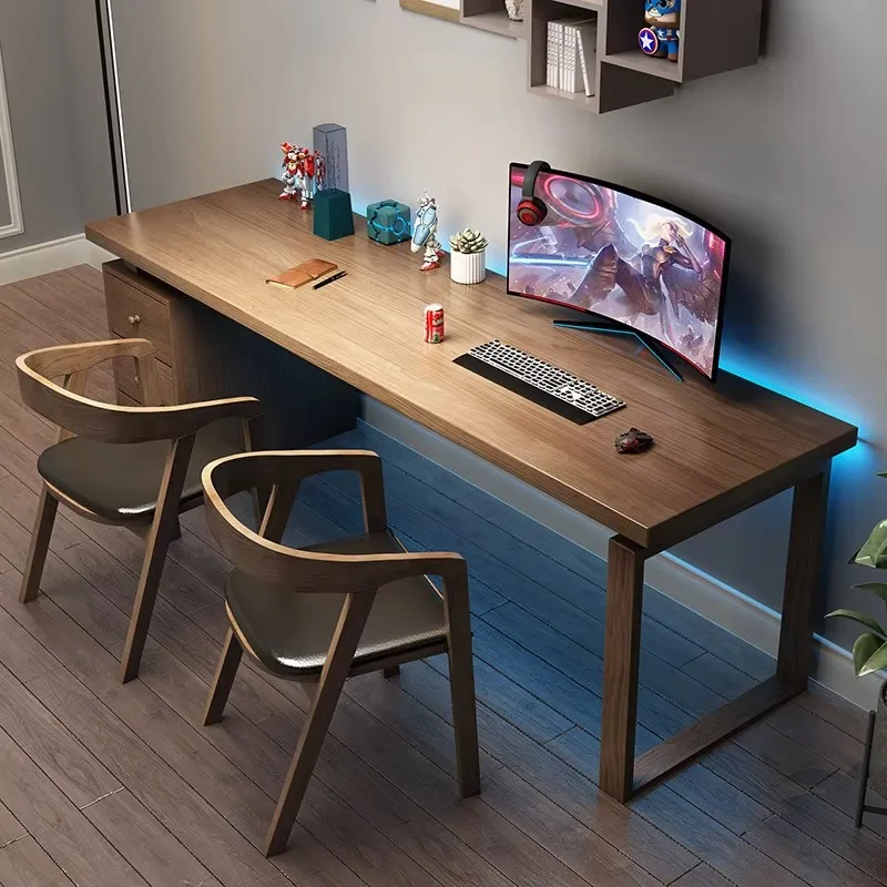 

Dual solid wood computer desk with bookcase, home study work integrated writing desk