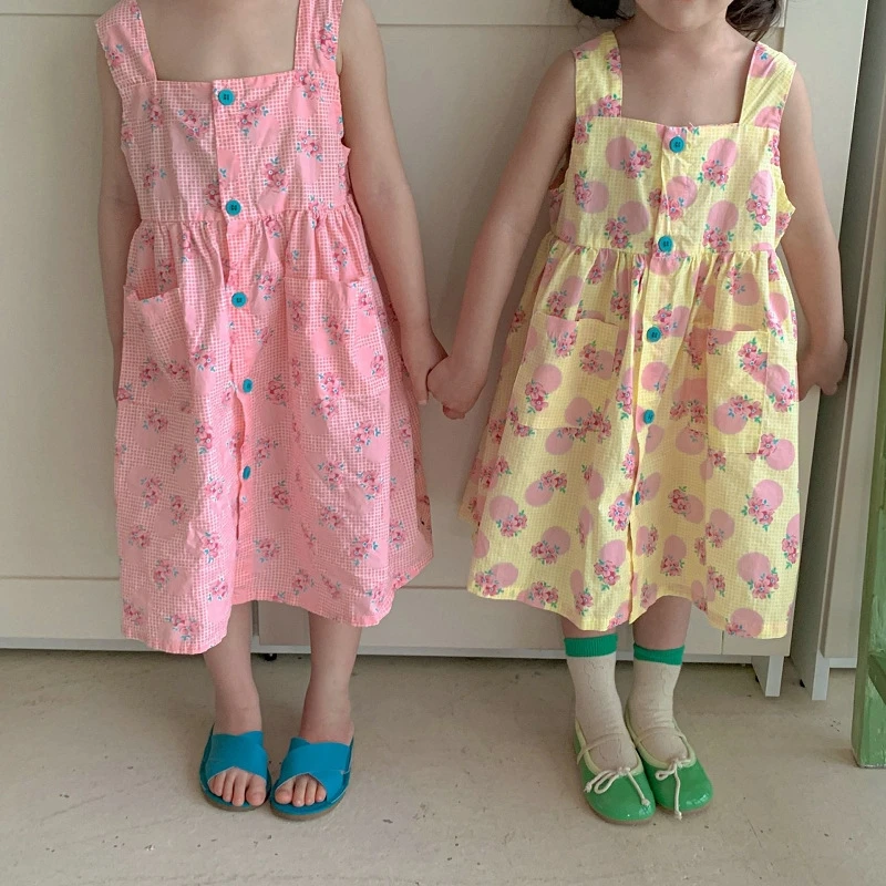 Summer Girls Cotton Dresses Front Button Cute Princess Dress Suspender Vestidos Children'S Clothing Girls Fashion Kids Outfit