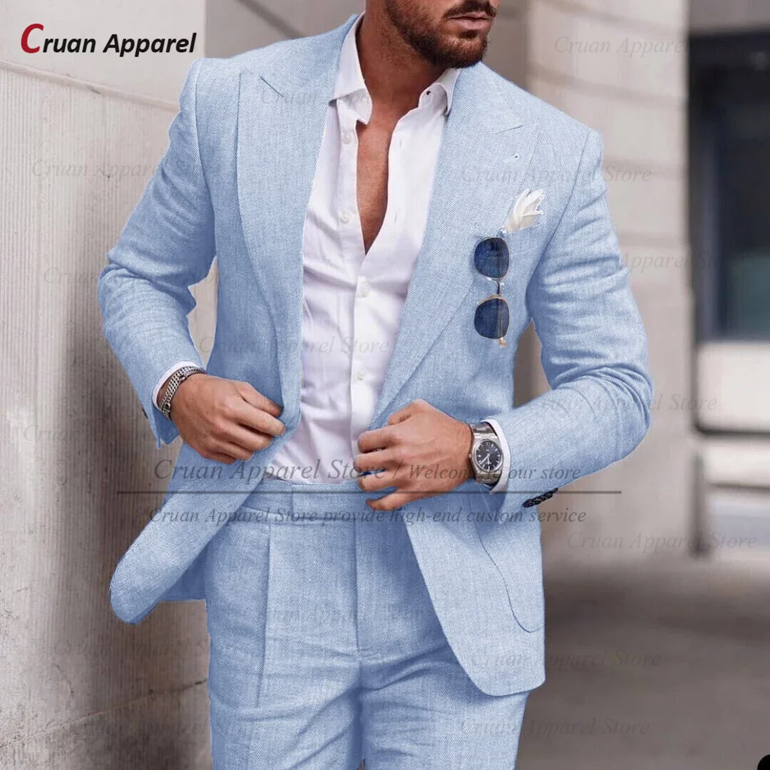 Fashion Sky Blue Linen Suit Set For Male Casual Party Fashion Blazer Pants 2Pieces Wedding Groomsman Formal Peaked Lapel Outfits