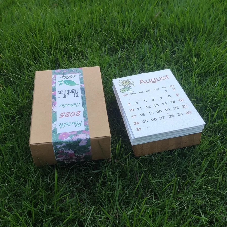 New 2025 desk calendar with bamboo holder and kraft box,customized 12sheets handmade plantable seed paper calendar