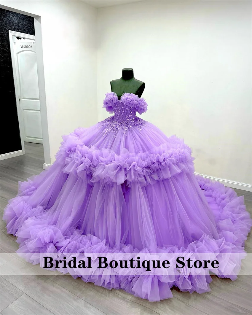 Purple Tulle Quinceanera Dress Ruffles With Bead Applique Crystal Sweet 16 Birthday Party Dress Vestidos De 15 Años