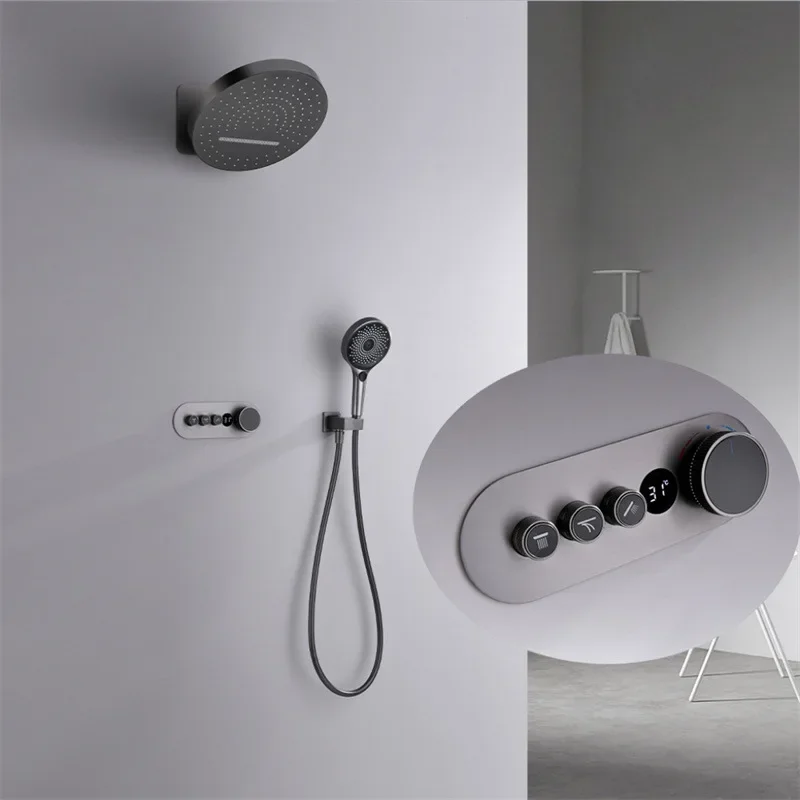 Rainfall Shower Set Wall Mounted Gray Thermostatic Shower Faucet Set Digital Display Bathroom Bath & Shower Mixer Tap Brass