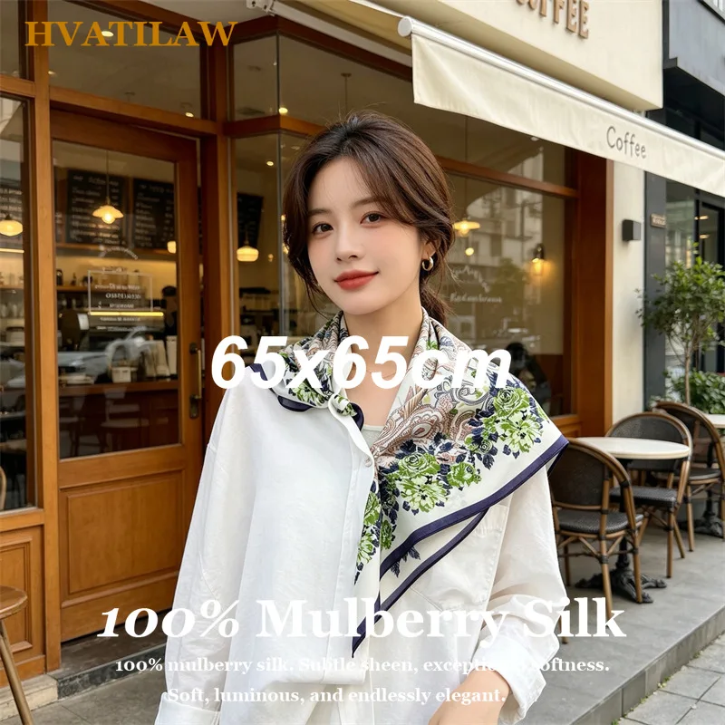 

100% Pure Silk Scarf 65cm Small Square Silk Twill Neckerchief for Women Luxury Vintage Print Neck Scarf Hair Bandana Shawl Wrap