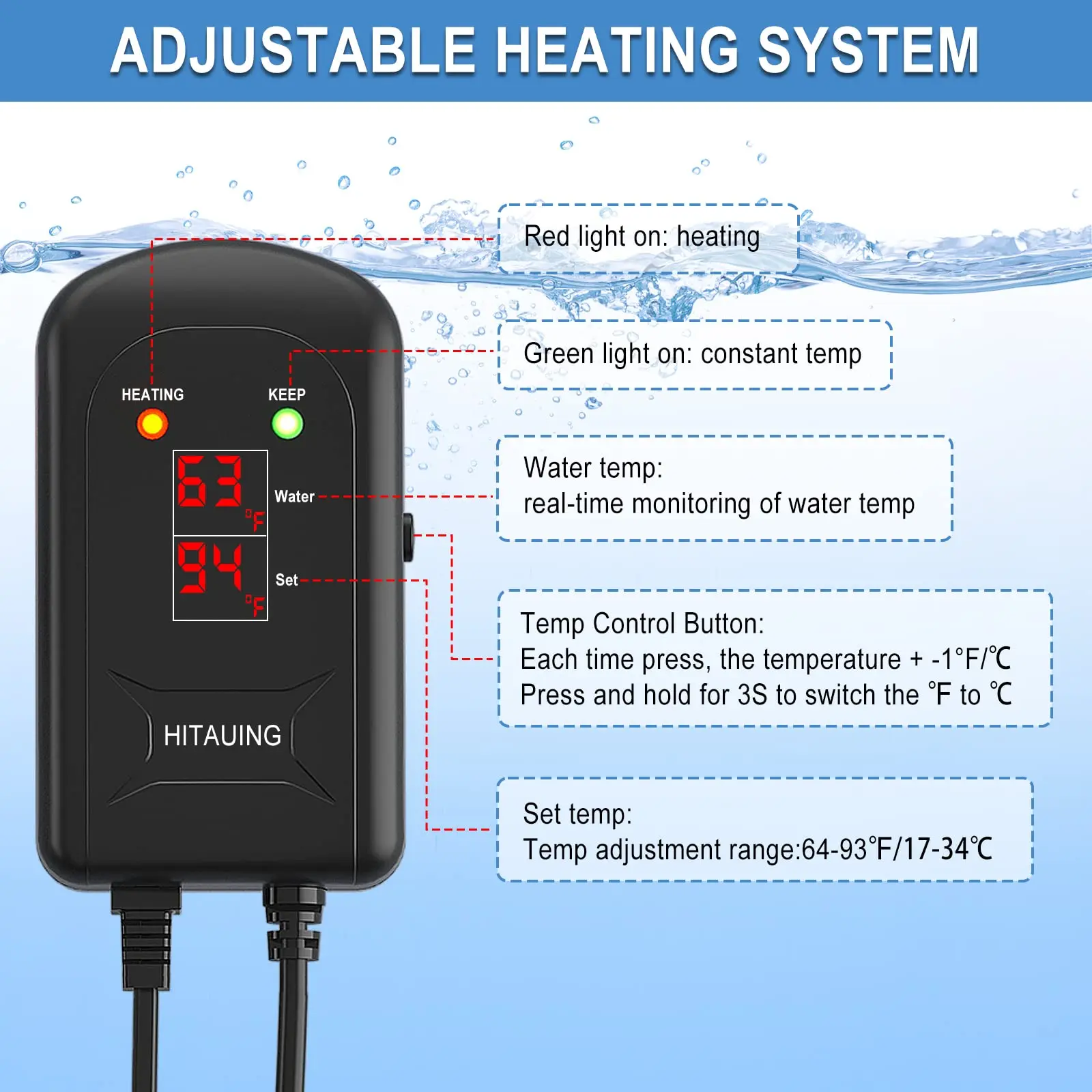 HiTauing 100W-500W Aquarium Heater Fish Tank Heater with LED Digital Display & 5 Safety Protection Submersible Aquarium Heater