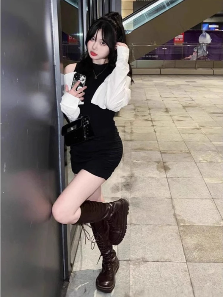 Franse nep tweedelige jurk zwart wit ronde hals off-shoulder bodycon mini-jurk zoet pittig sexy afslankende taille tienerstijl