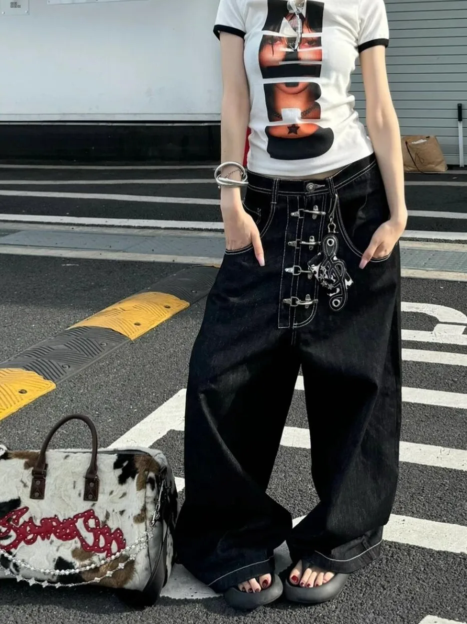 

Retro American Aircraft Buckle Knife Wide Leg Jeans Women's Autumn Winter New Loose Versatile Jeans Trendy Deep Blue