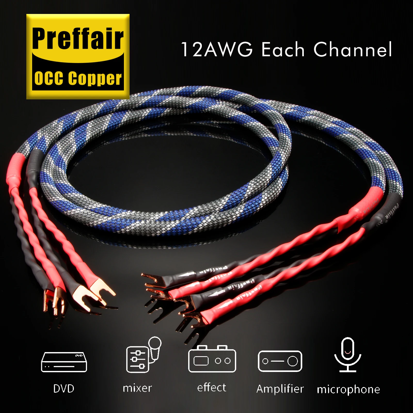 Preffair L301 Y Spade Loudspeaker Wires 5N OCC Copper Silver Plated Speaker Cable with Pure Copper Y Spades for AMP/Speaker