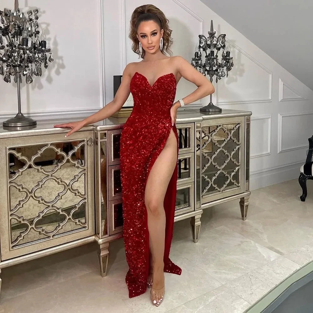 

Sparkly Red Sequins Evening Dresses Mermaid High Split Sider Sweetheart Neck 2024 Charming Women Formal Prom Gowns Maix Party