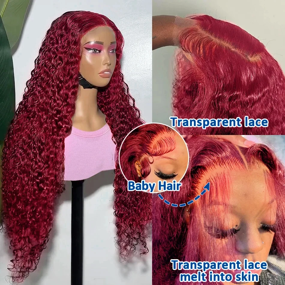 Ketebalan 250 gelombang dalam 99J merah anggur 13x4 Wig Frontal renda rambut manusia dalam keriting transparan renda depan Wig rambut manusia warna merah