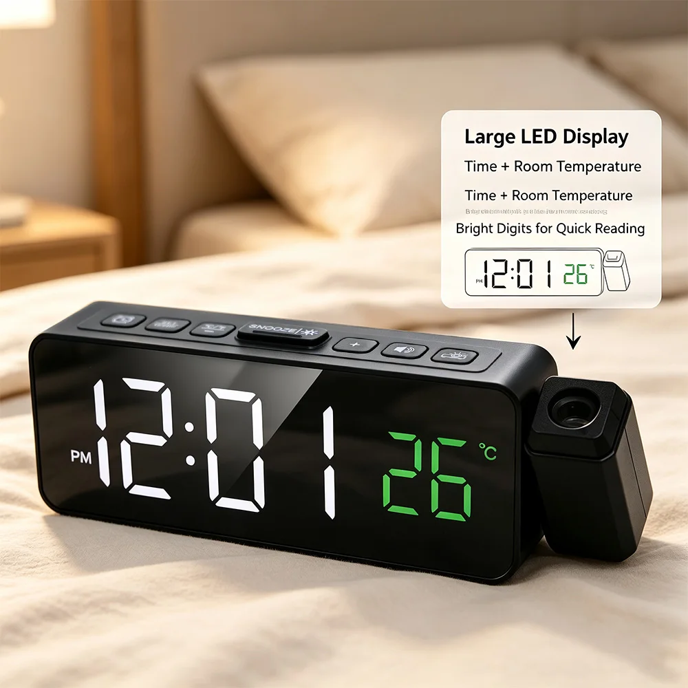 1pcMultifunctional projection alarm clock with LED digital screen, time setting, temperature adjustment, one alarm clock, snooze